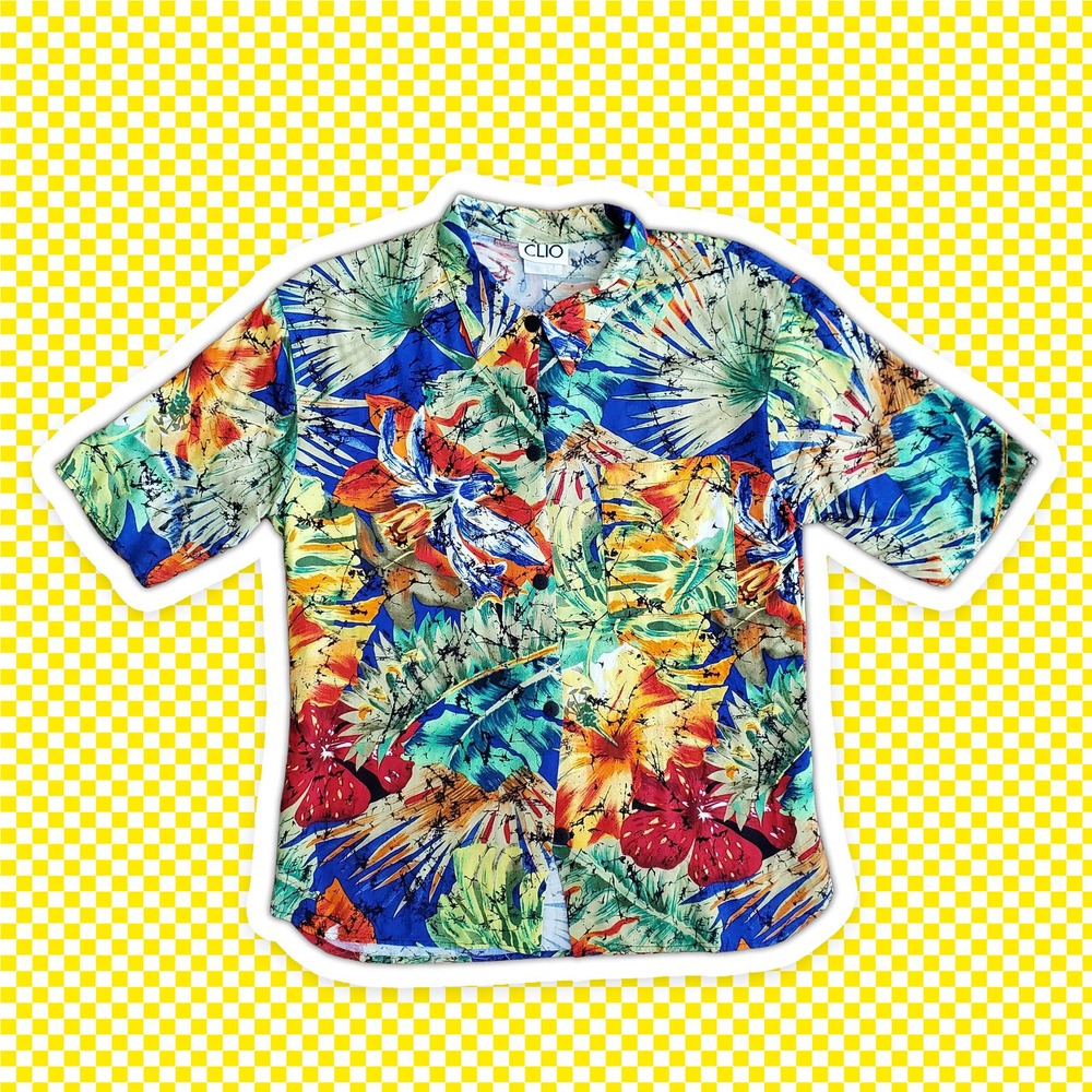 Vintage 90s Abstract Tropical Pattern Rayon Blouse by CLIO Sz M
